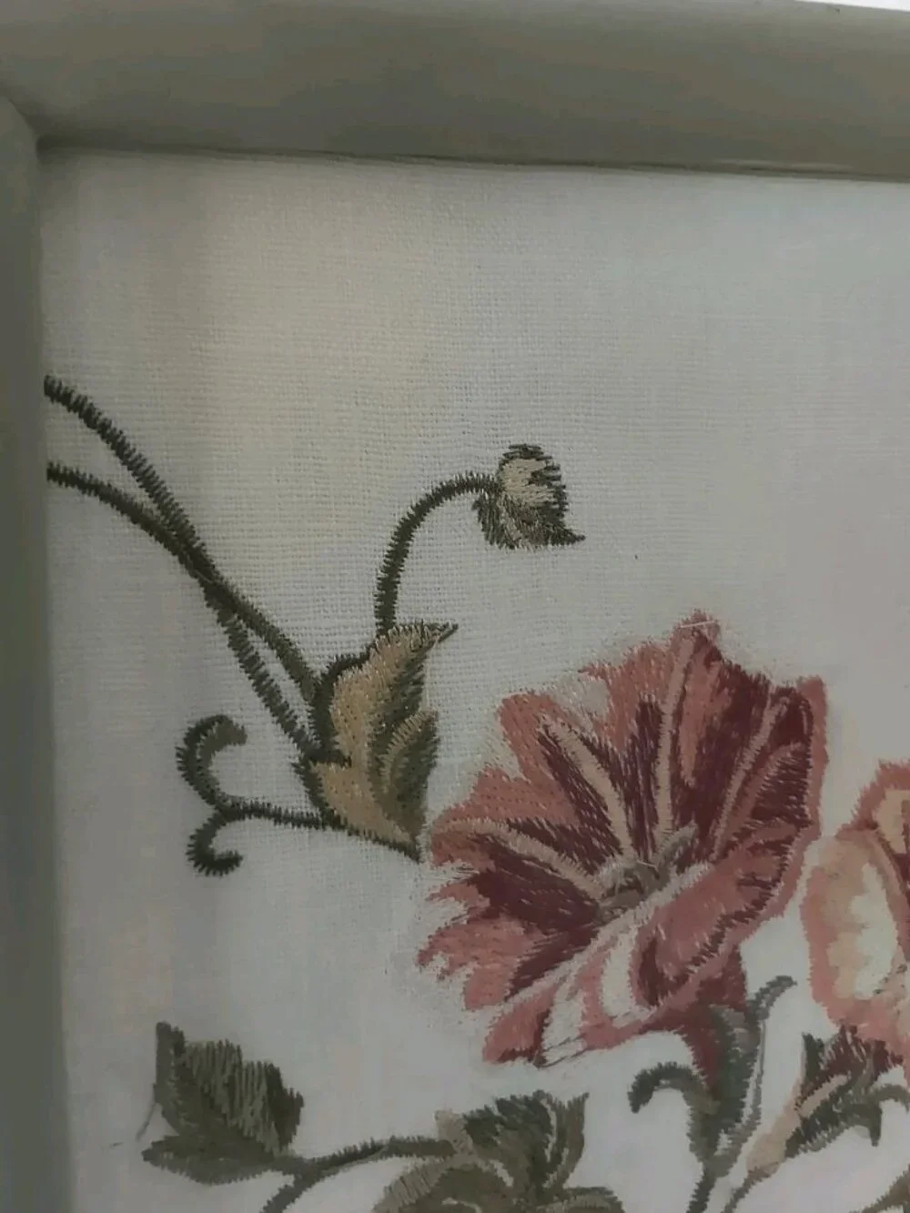 Vintage Embroidered Floral Fabric Art 1980s Curtain Sample Framed Botanical